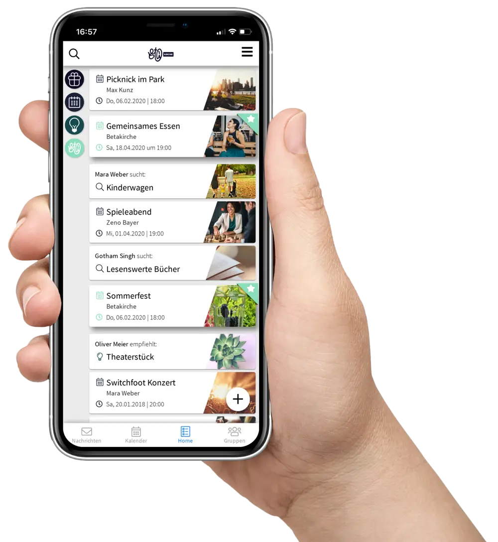 Darstellung der betaKirche App auf einem Smartphone in einer Hand