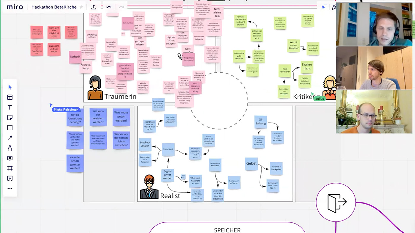 Screenshot, auf dem drei Personen mit Miro Ideen präsentieren